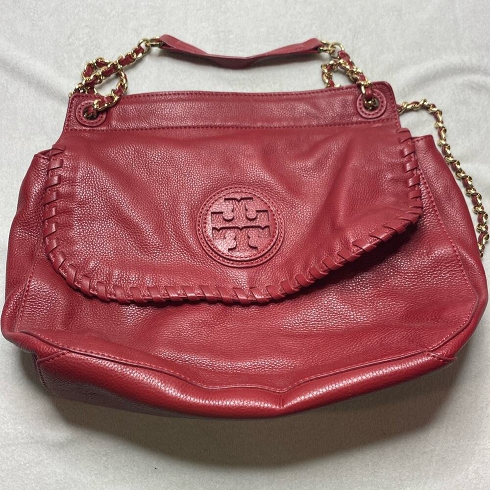 Tory Burch Marion Red Leather Saddle Bag with Gold Hardware
